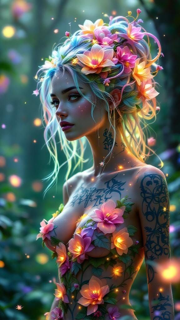 Mystical Forest Spirit with Rainbow Hair, Ghibli Style