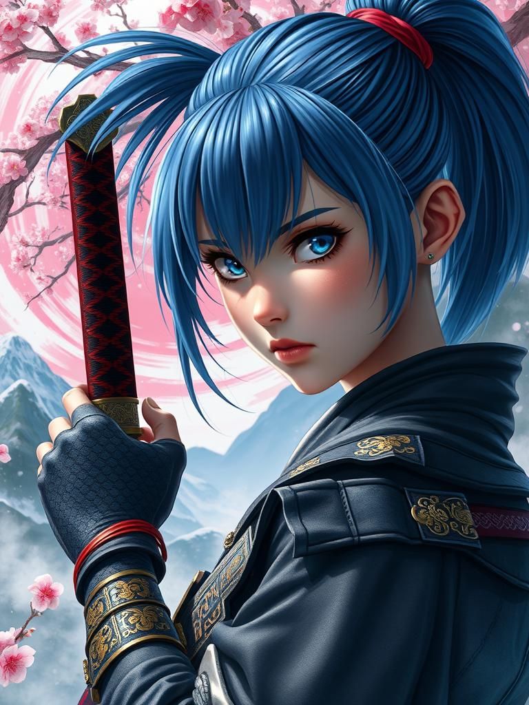 Blue-Haired Samurai Girl with Katana