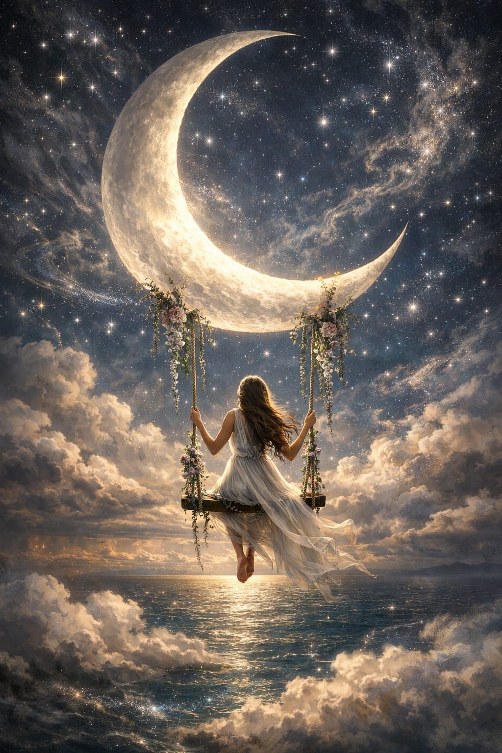 Woman on Moon Swing in Starry Sky