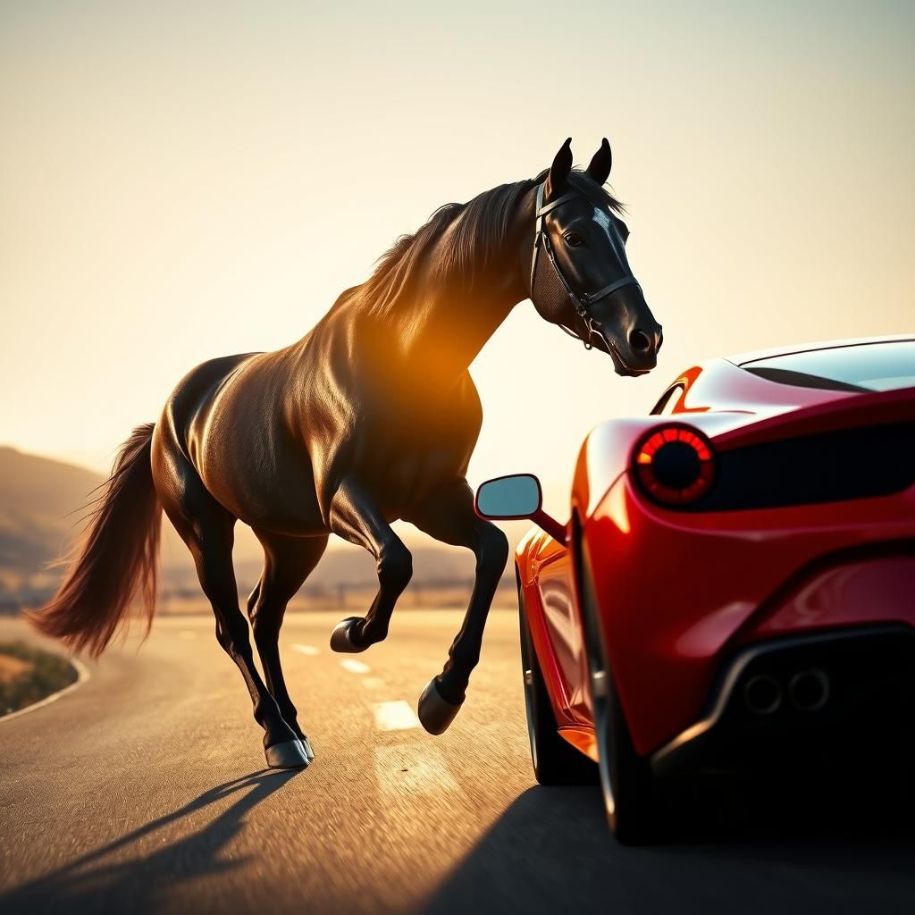 Black Horse Prancing Before Ferrari: Hyperrealistic Cinemati...