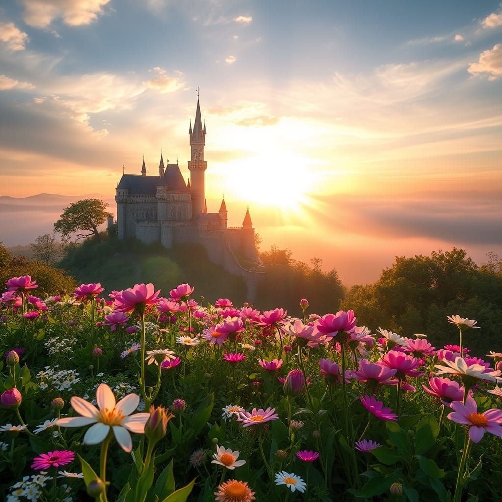 Blooming Landscape at Sunrise with Castle