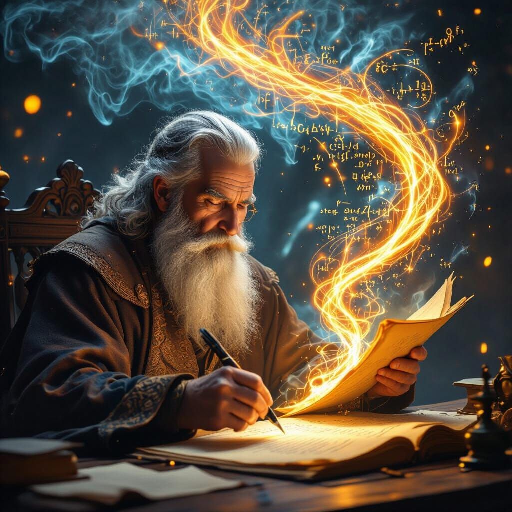 Elderly Scholar Writing with Glowing Formulas in Golden Ligh...