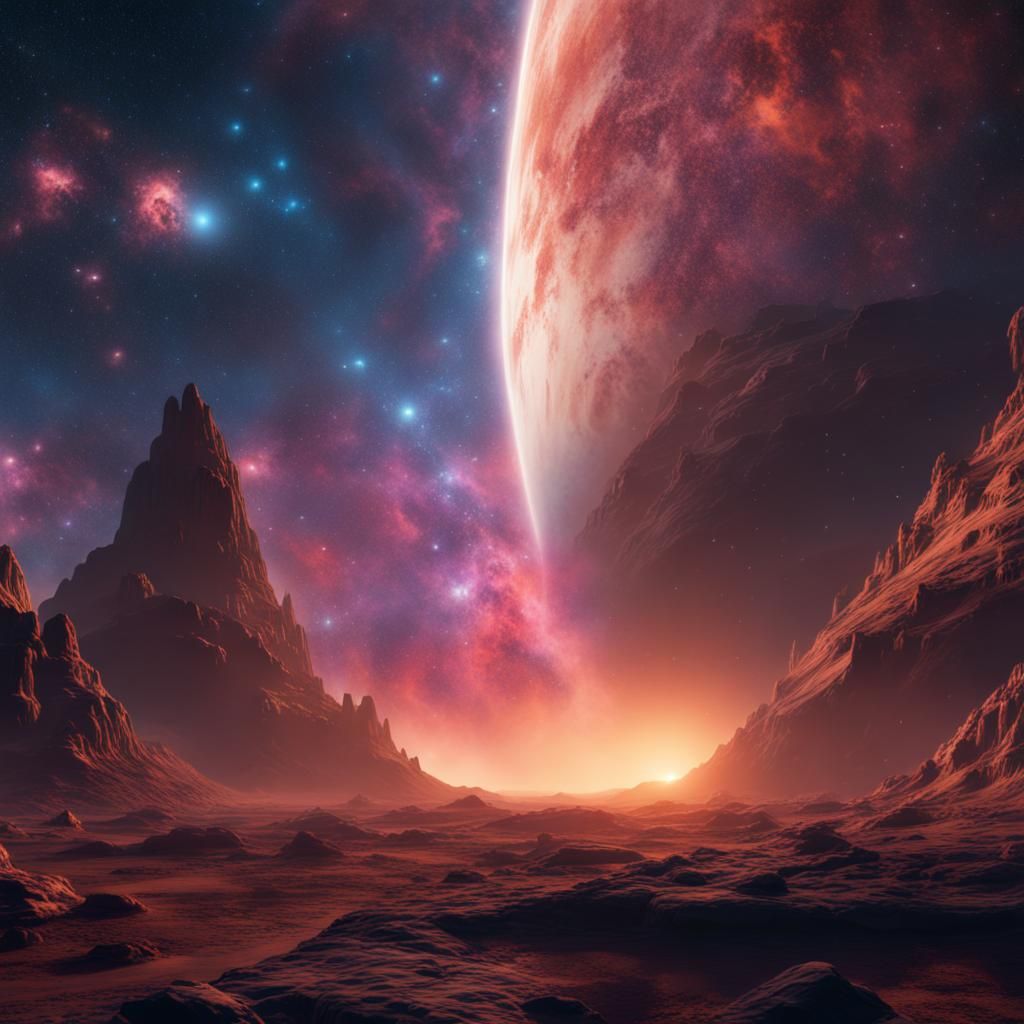 Interstellar Sky with Glowing T Shapes: Fantasy Concept Art