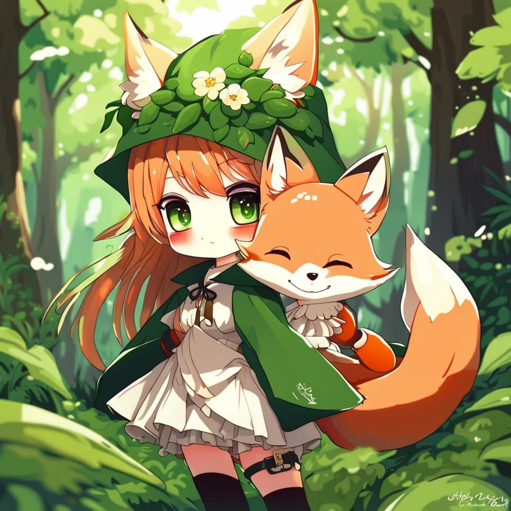 Cute Chibi Fox Girl in Anime Style Forest