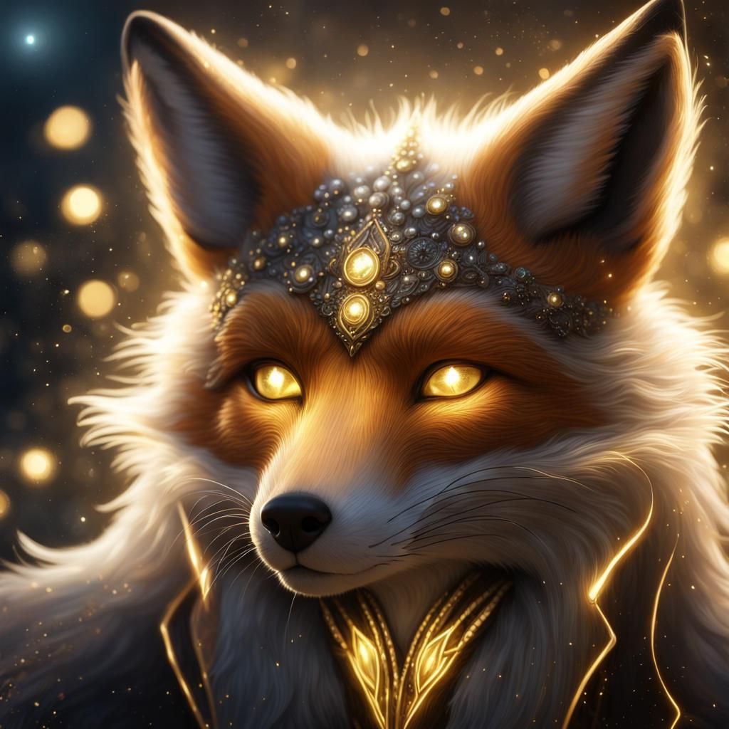 Fantasy Fox in Black and Gold Pencil Drawing