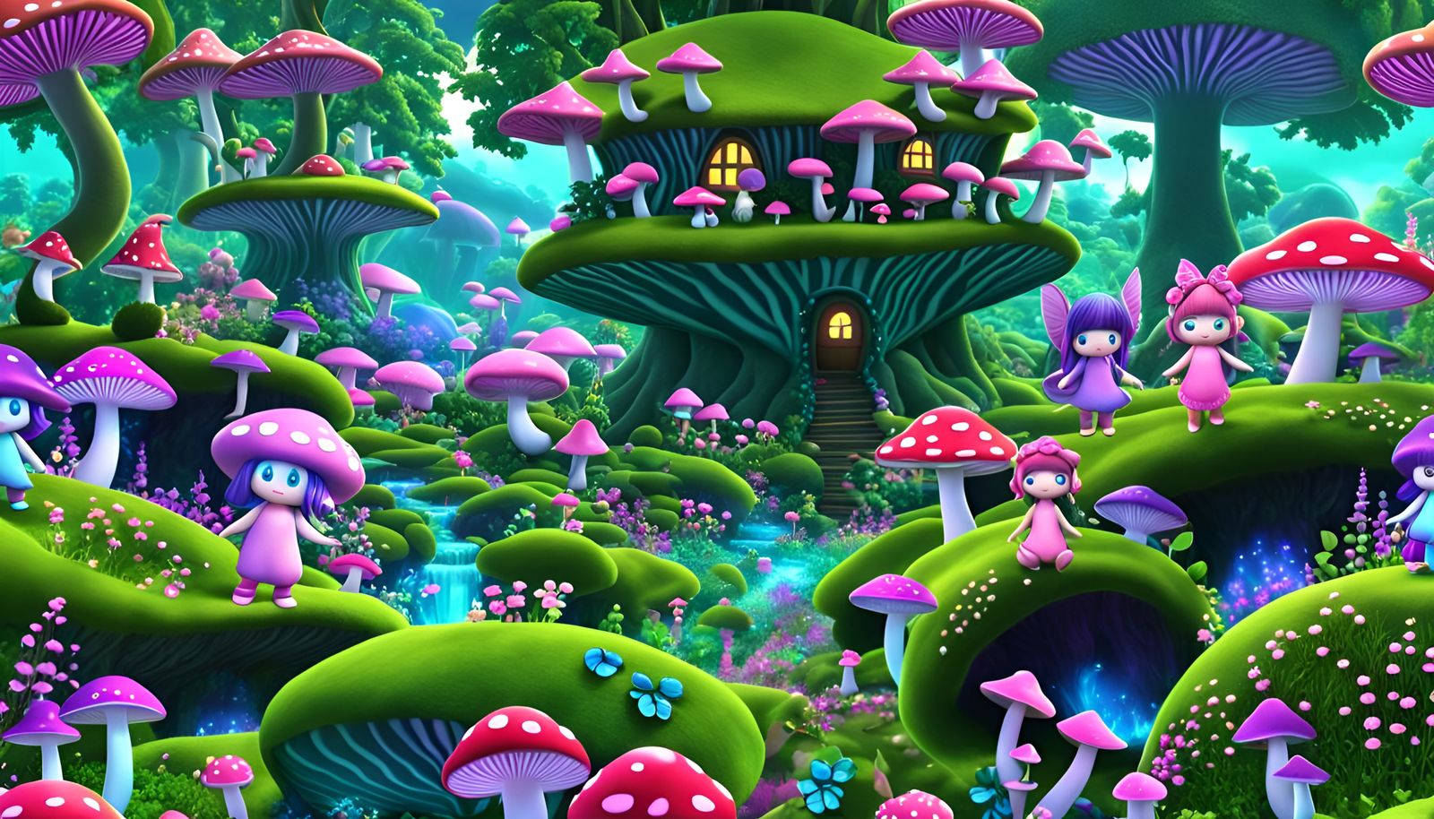 Mushroom People in Glowing Fairy Dreamland