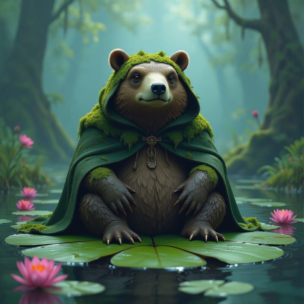 Bear-Frog Hybrid in Mystical Forest, Matte Painting Style