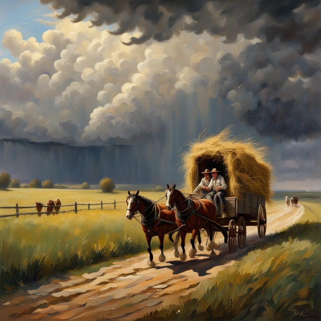 1800s Farm: Hay Wagon Racing Storm, Realistic Painting