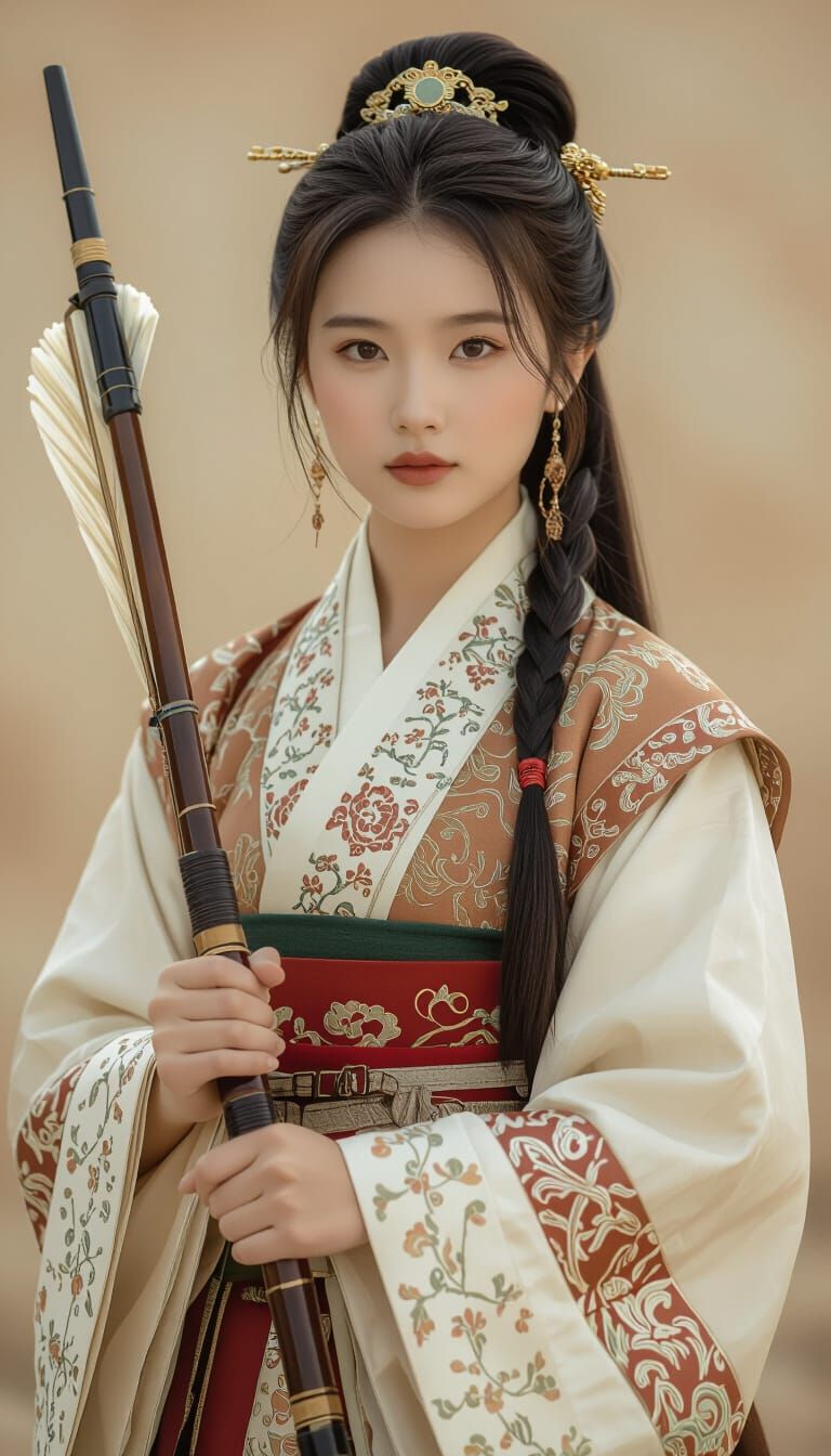 Chinese Girl with Buduk in Traditional Clothing