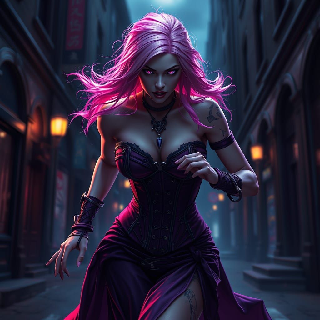 Pink Haired Vampire Hunter in Dark Streets