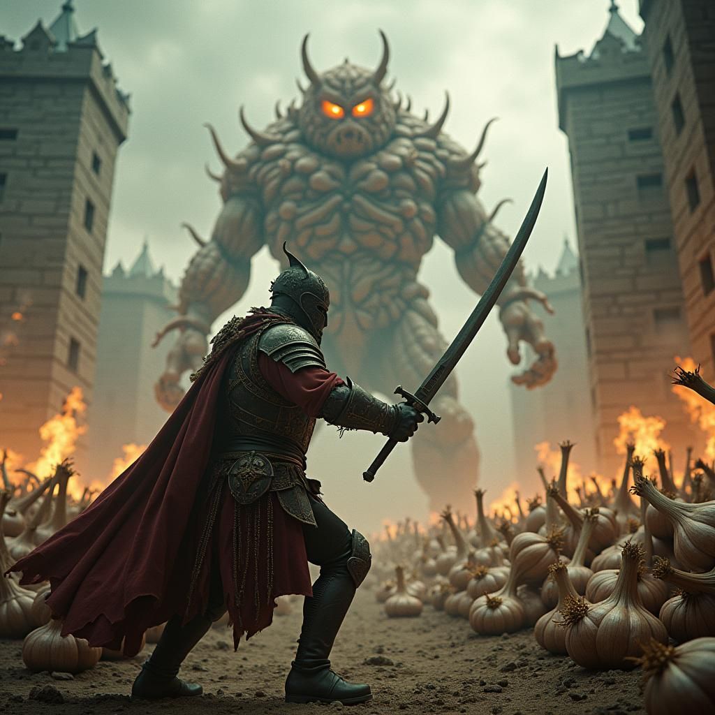 Warrior Battles Garlic Giant and Monster Onions