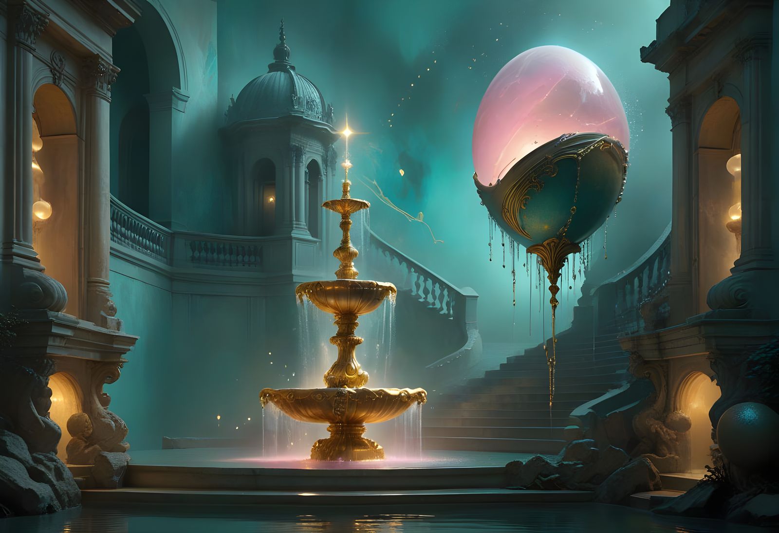 Cosmic Egg Fountain in Moody Pink and Gold