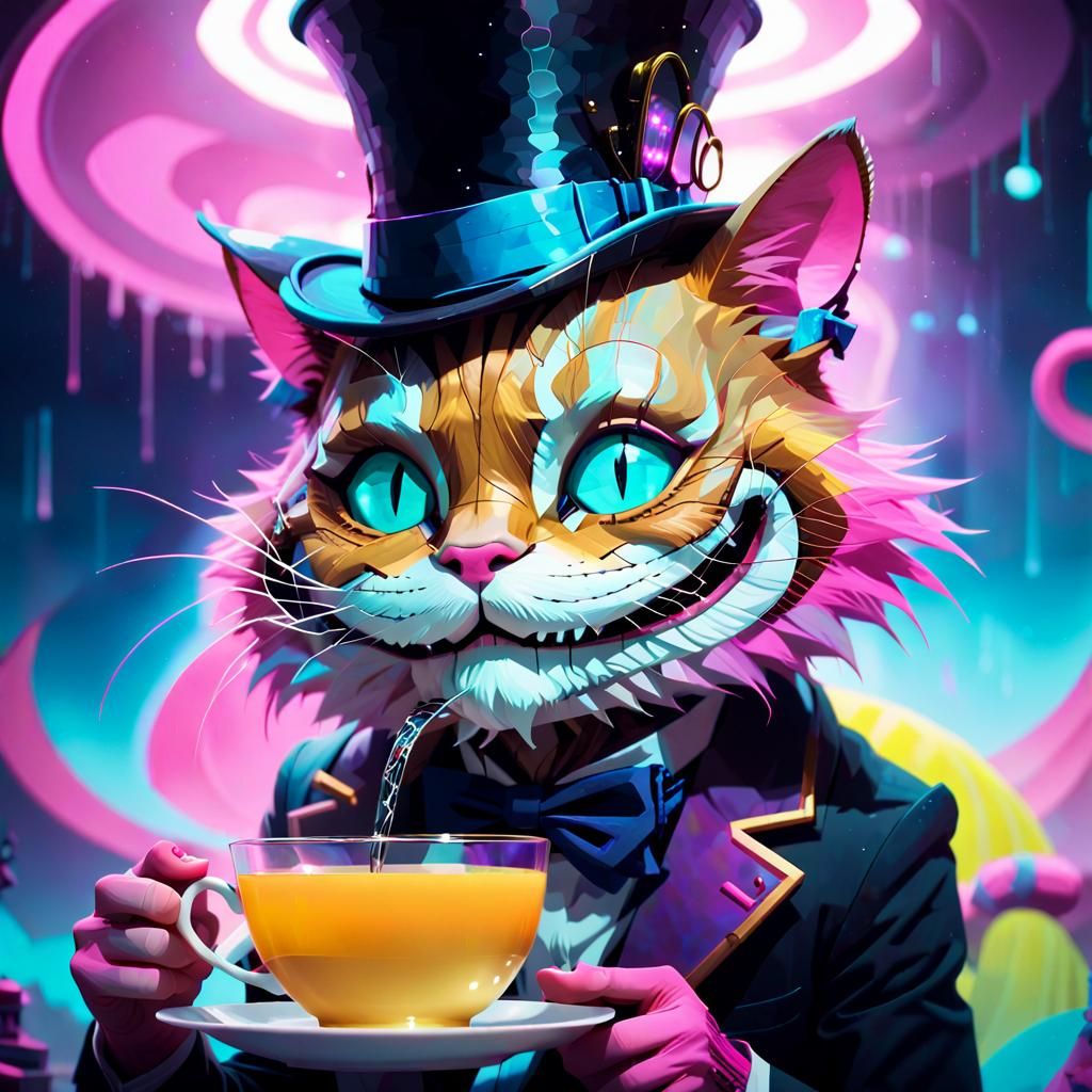 Cheshire Cat Drinks Tea in Cyberpunk Style