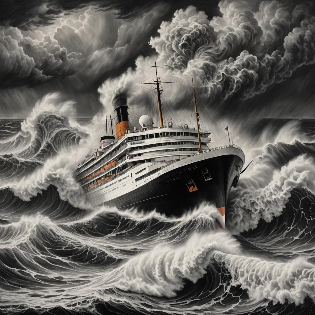 Cruise Liner in Atlantic Storm: Charcoal Drawing