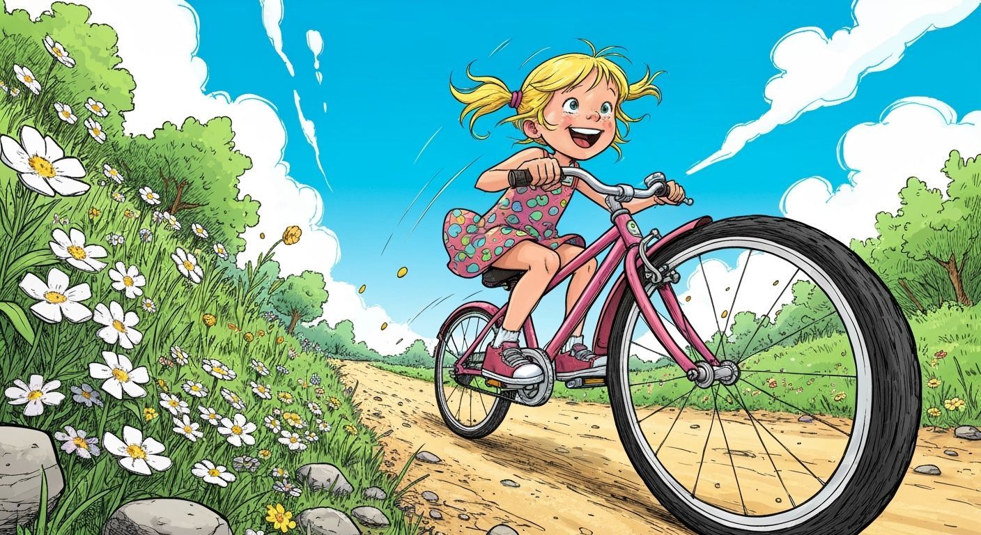 Girl on Bicycle in French Countryside, Expressive Line Art