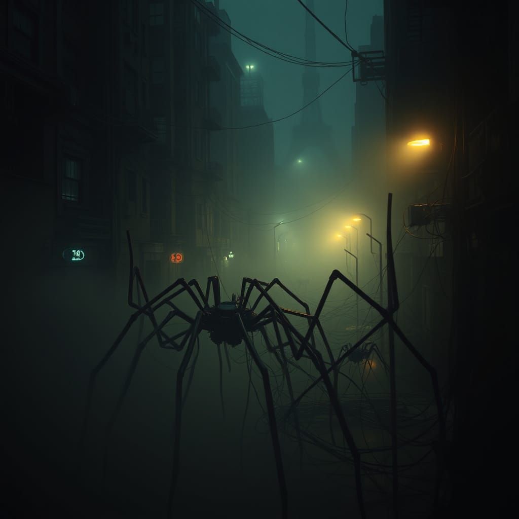 Cybernetic Spiders Emerge in Dark, Gritty Metropolis