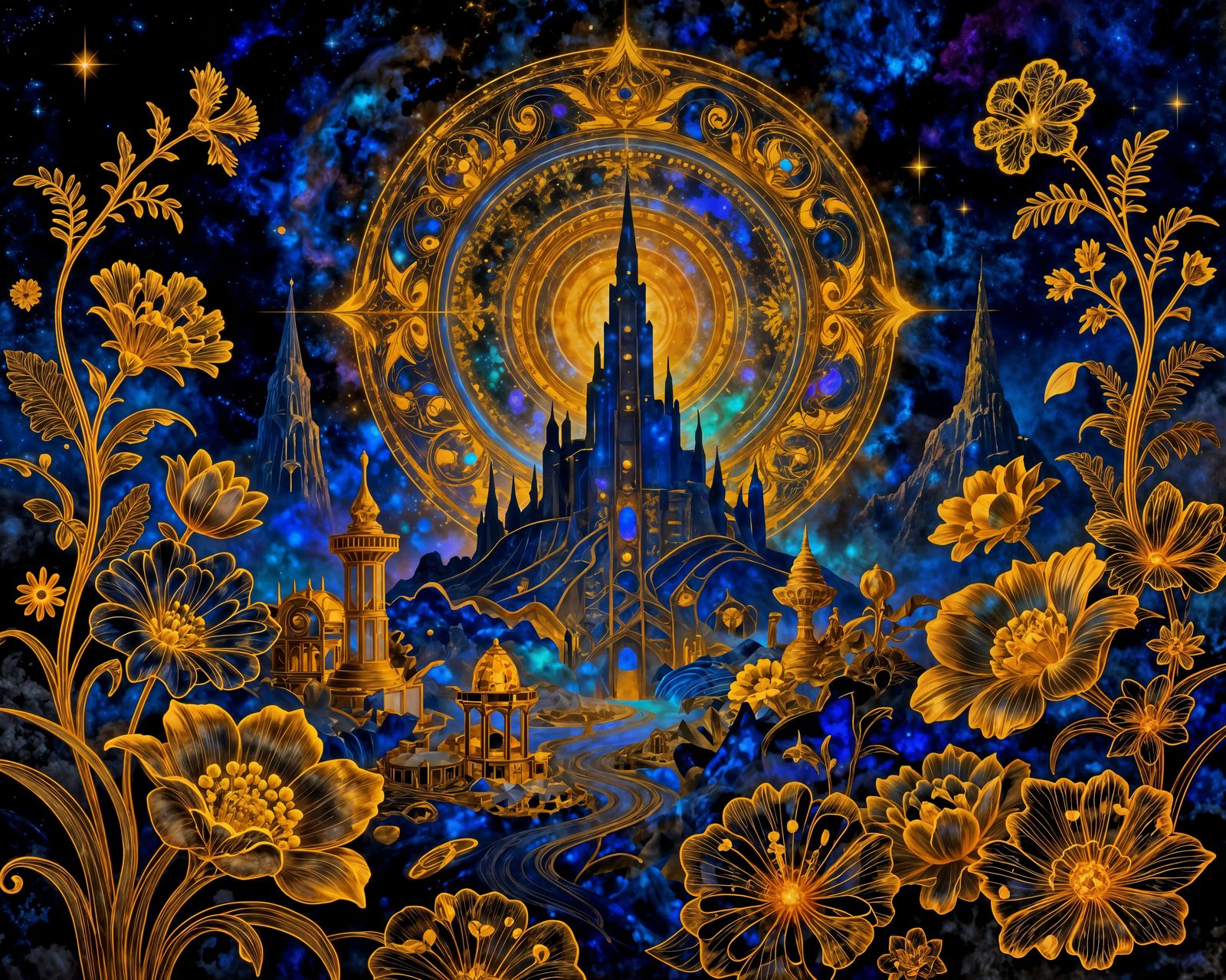 Mythical Fantasy Landscape with Golden Outlines