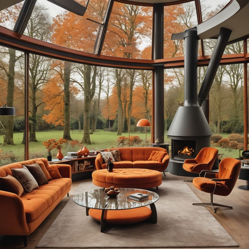 1970s Space Age Living Room with Orange Accents