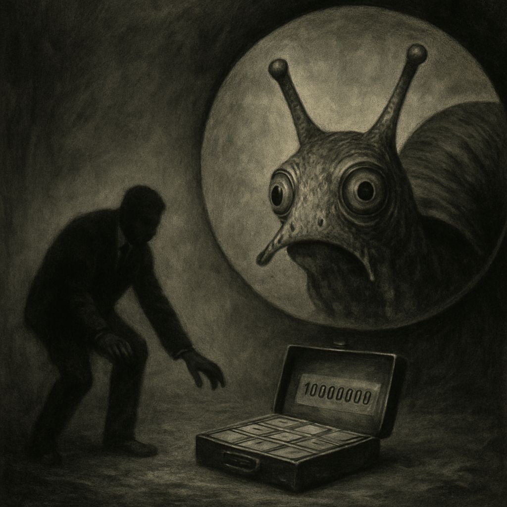 Ominous Snail Watches Man Pick Up Briefcase