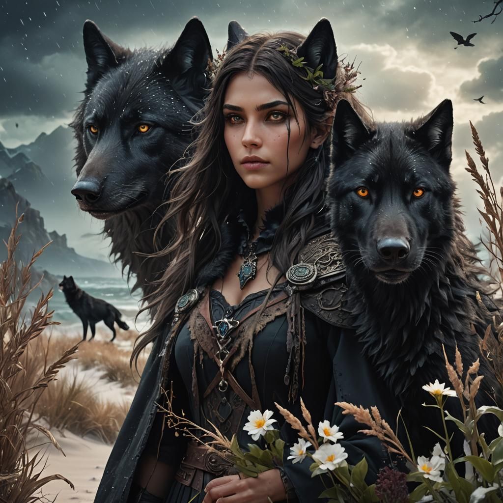 Witch and Wolf on Alien Planet in Detailed Art