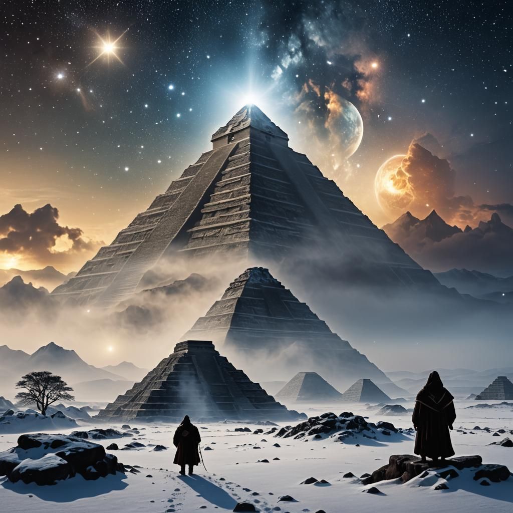 Cosmic Mayan Pyramid in Snowy Tundra