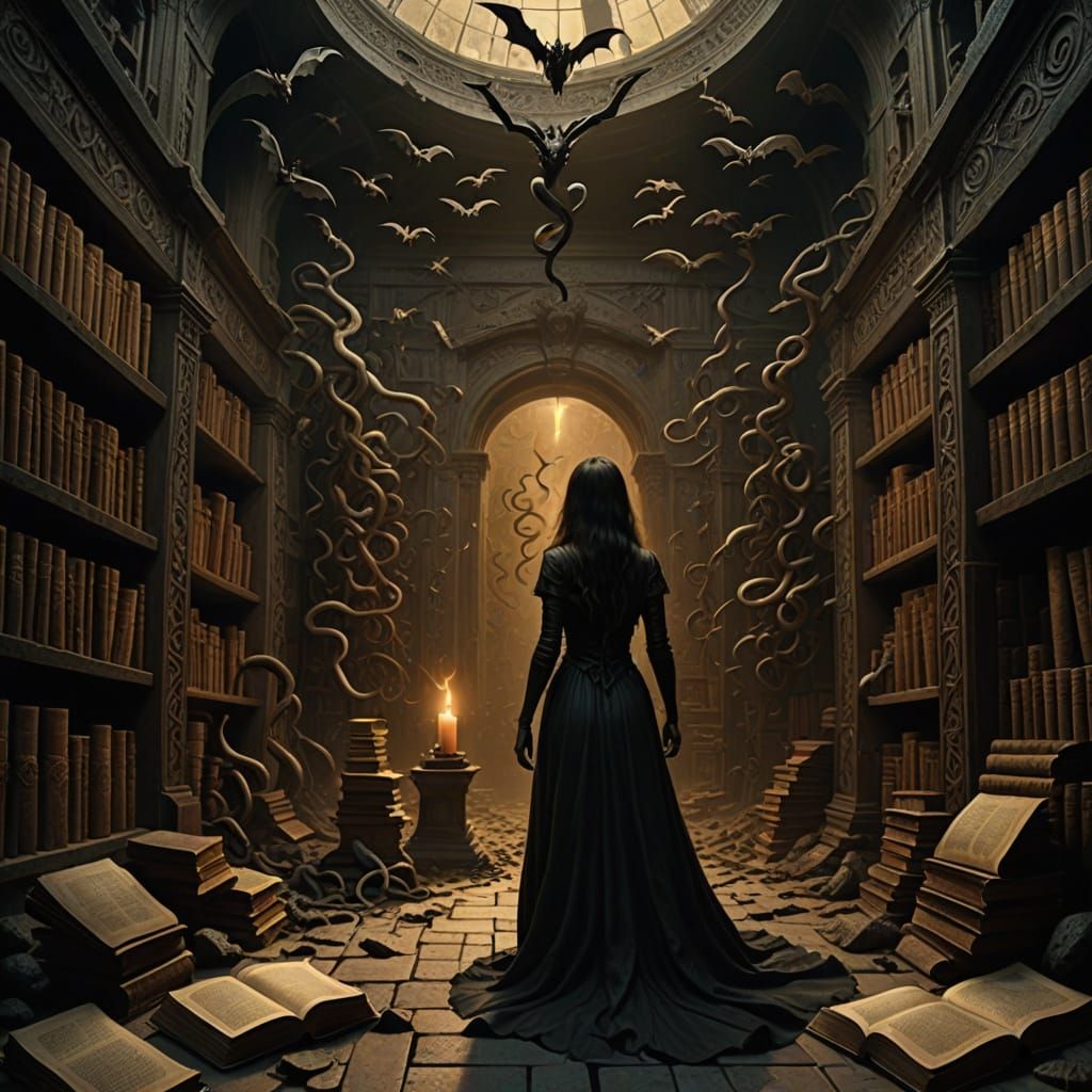Dark Fantasy Goddess Dancing with Bats and Snakes in a Haunt...