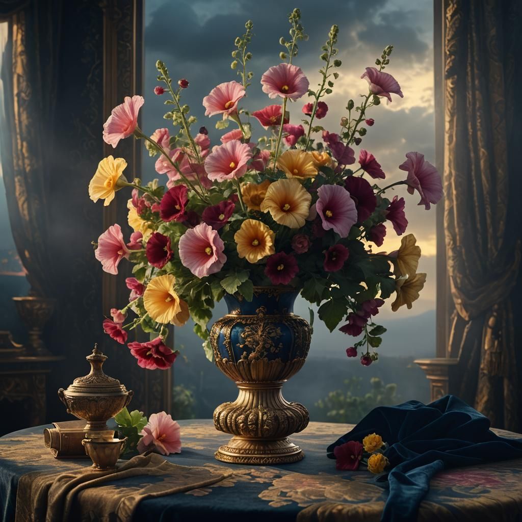 Hollyhocks in Ornate Vase: Cinematic Digital Painting