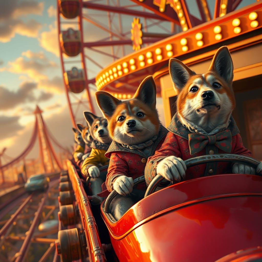 Furry Friends Soar on a Vintage Roller Coaster