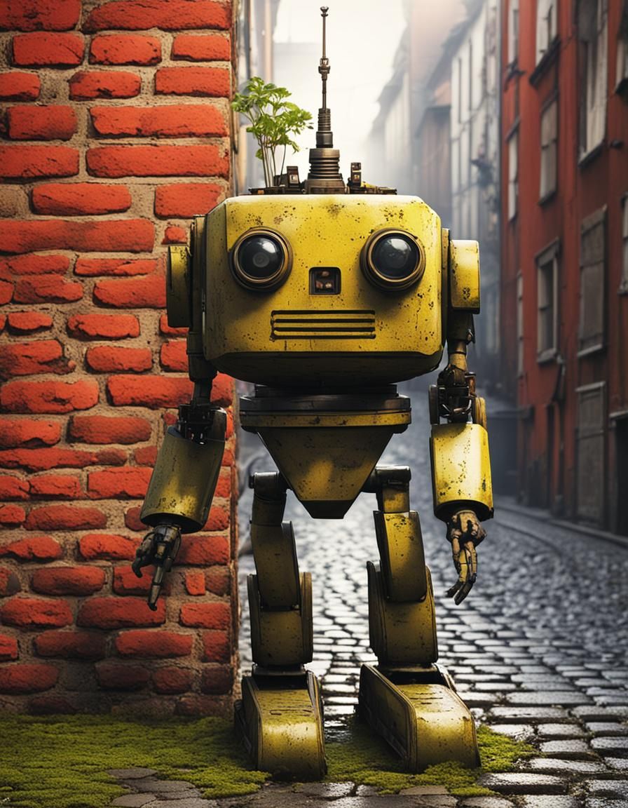 Retro-Futuristic Robot in Old Cityscape