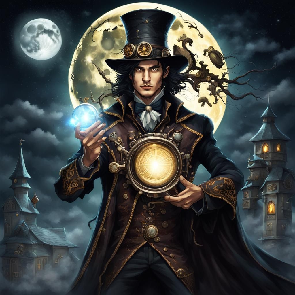 Young Wizard Casting Magic Under Full Moon