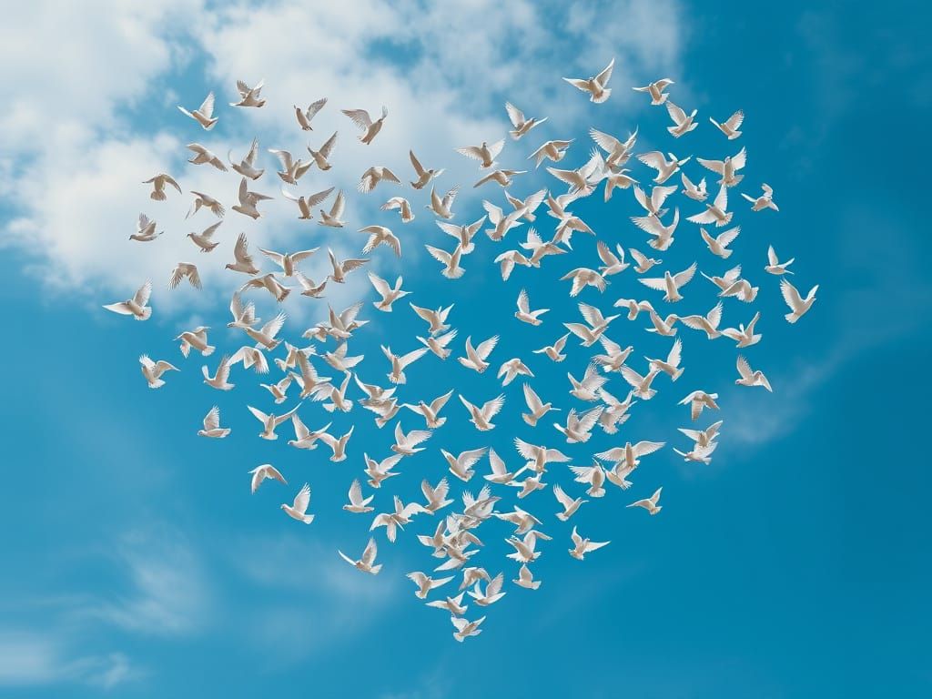 Doves in Heart Formation Take Flight