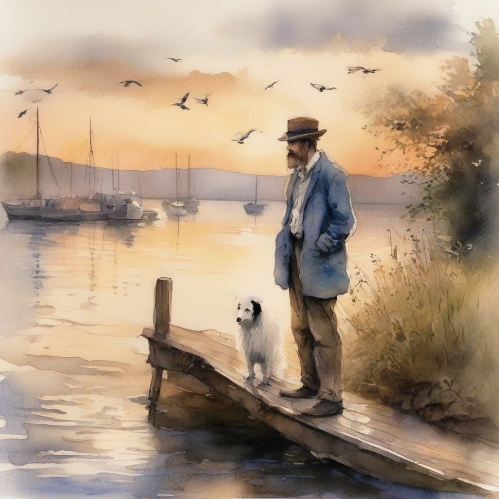 Tramp and Dog on Dock in Watercolor Style