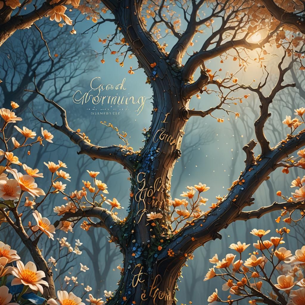 Fantastical Morning Scene with Flowers and Handwritten Text