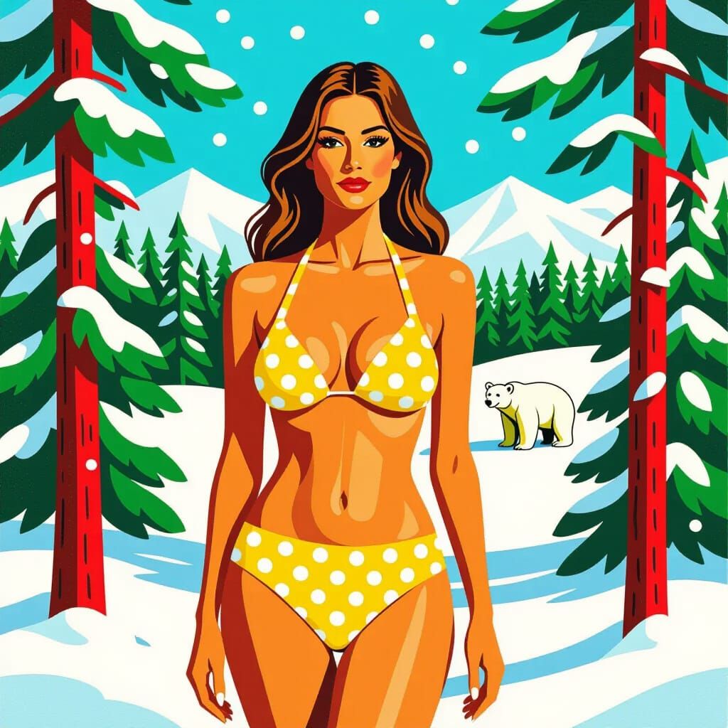 Woman in Bikini at North Pole, Hockney Style