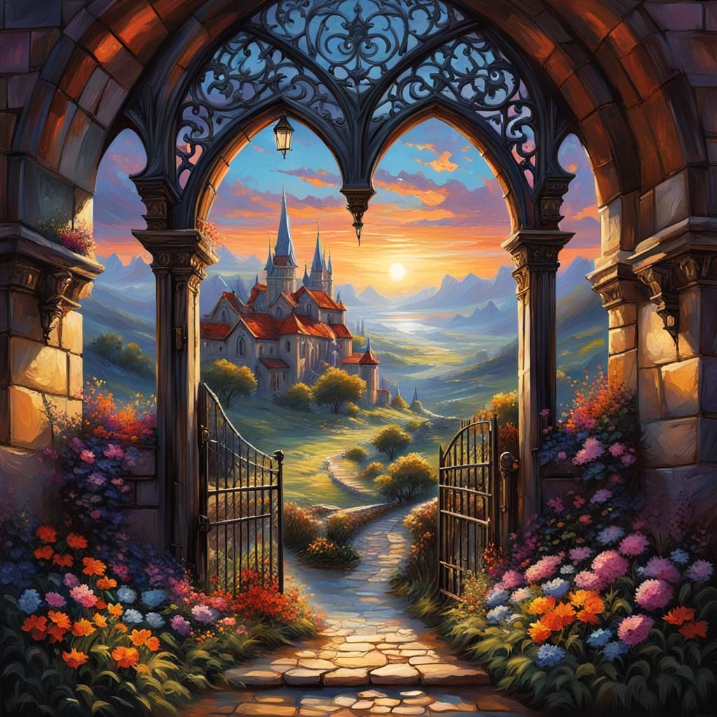 Magical View Through Gothic Archway in Dark Fantasy Style