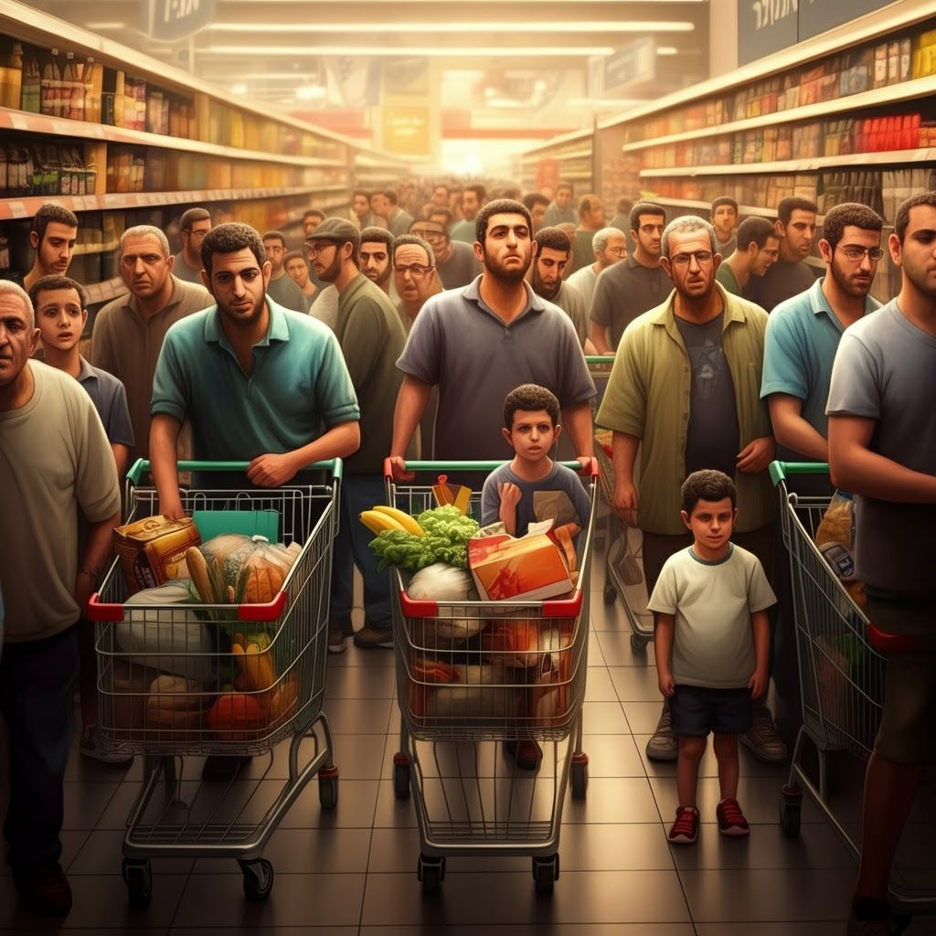 Hyperrealistic Supermarket Queue with Diverse Israeli Men
