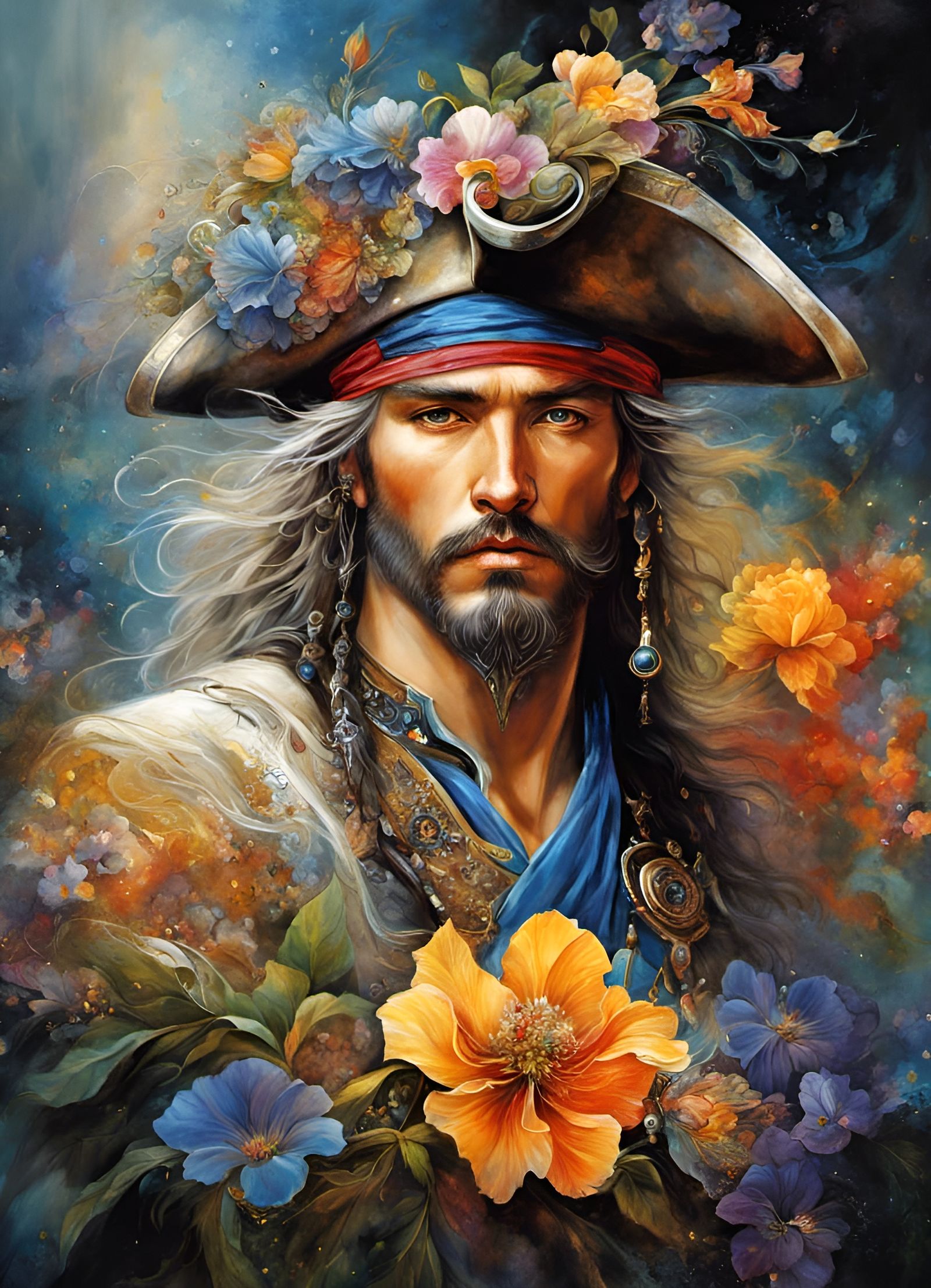 Norse Pirate Ninja God with Flowers in Hyperrealism