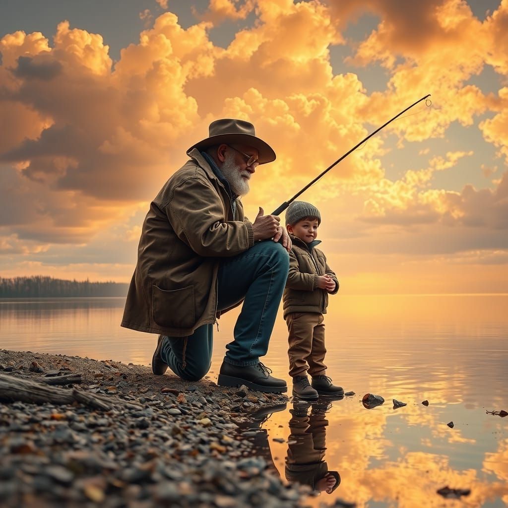 Grandfather and Grandson Fishing at Dawn