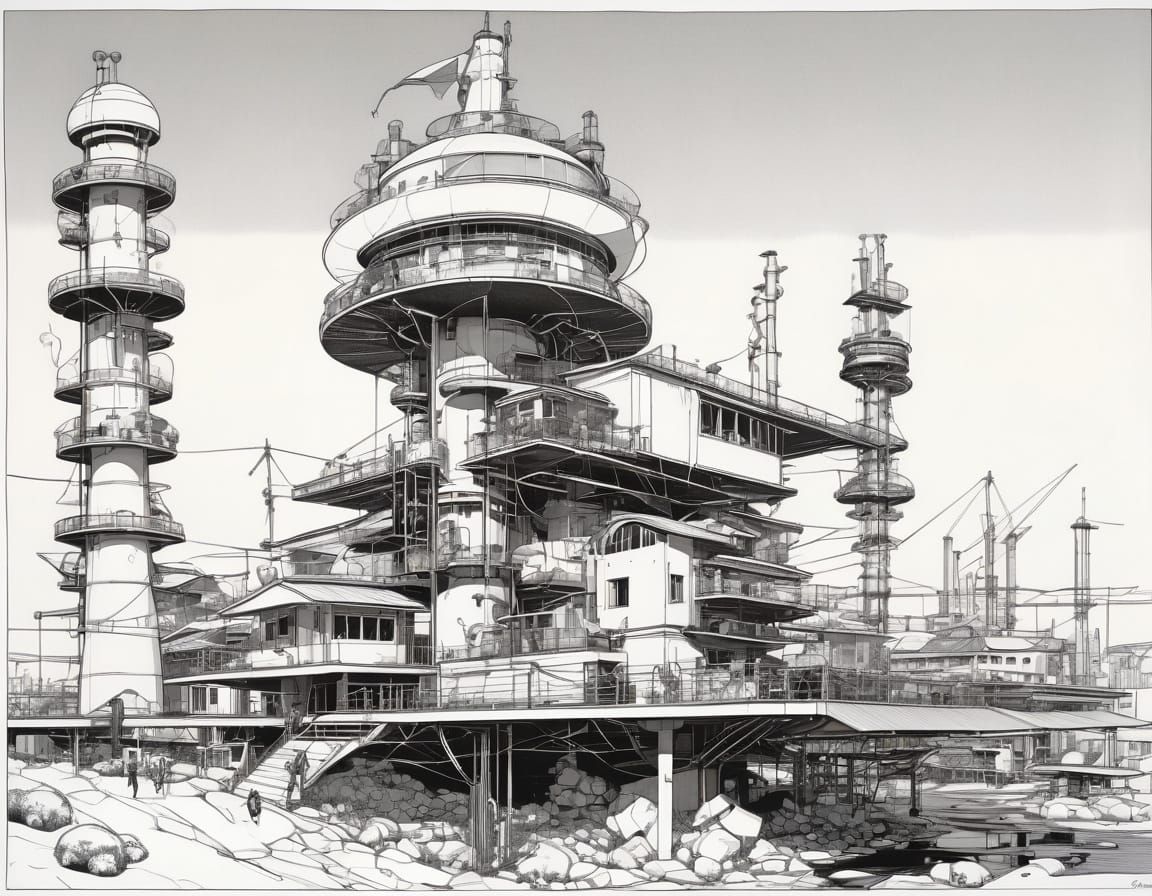 Constructivist Industrial Buildings in Surreal Landscape