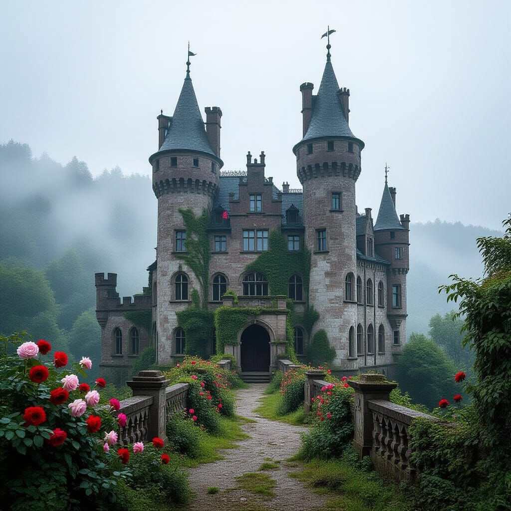 Abandoned Fairytale Castle Overgrown with Roses and Mist