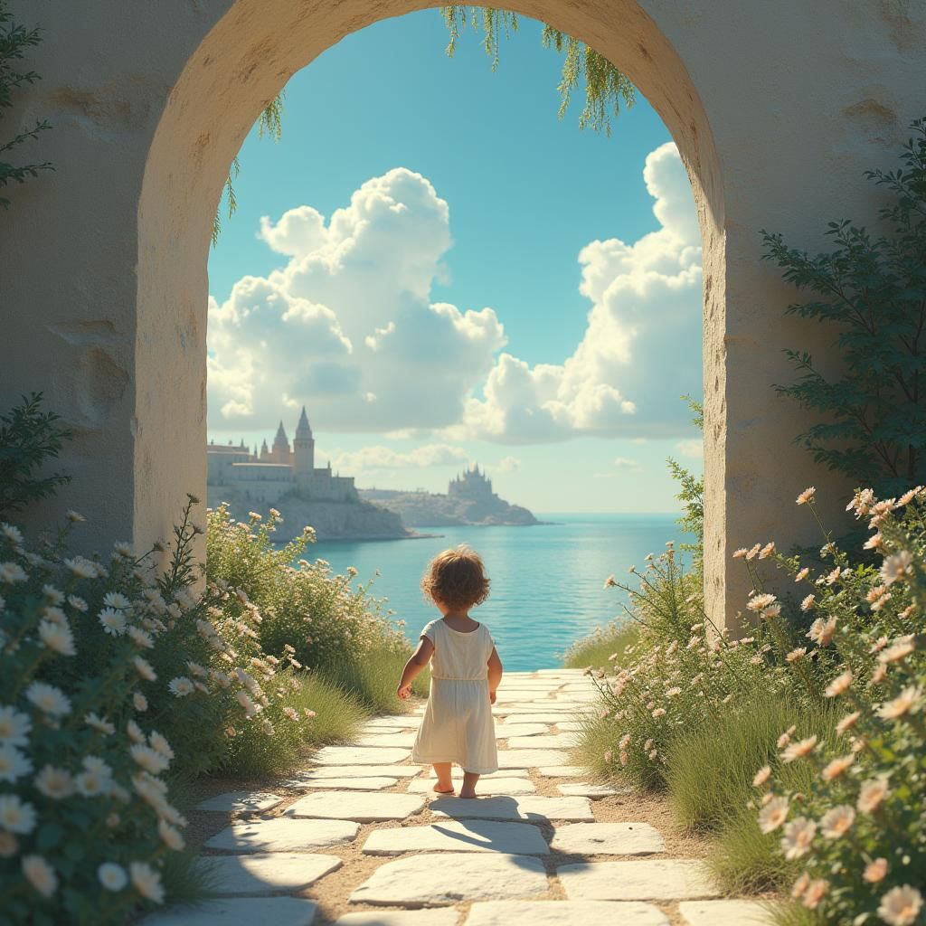 Child Leads the Way to Heaven: Hyperrealistic Scene