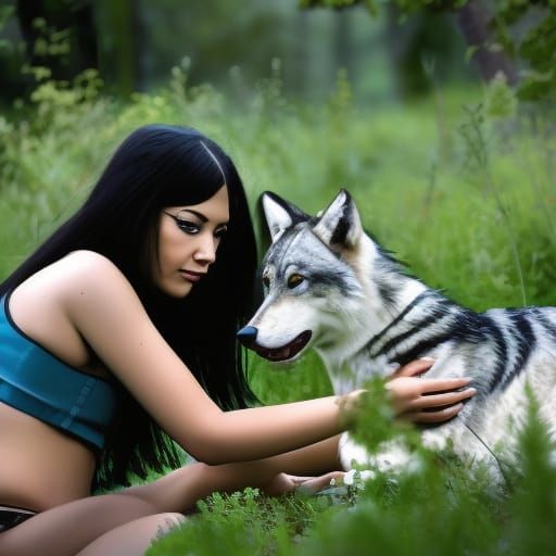Native Woman and Wolf in Summer Woods