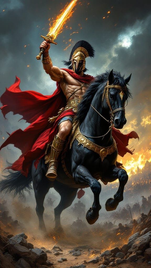 Ares, Greek War God, on a Powerful Black Warhorse, in a Dram...