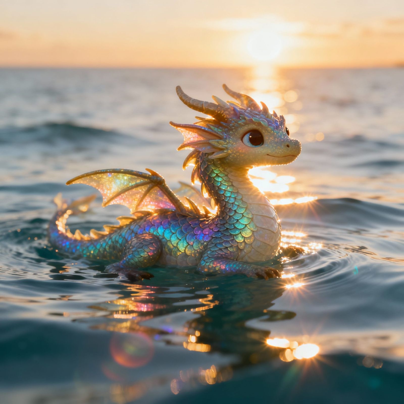 Cute Water Dragon on Sea at Golden Hour