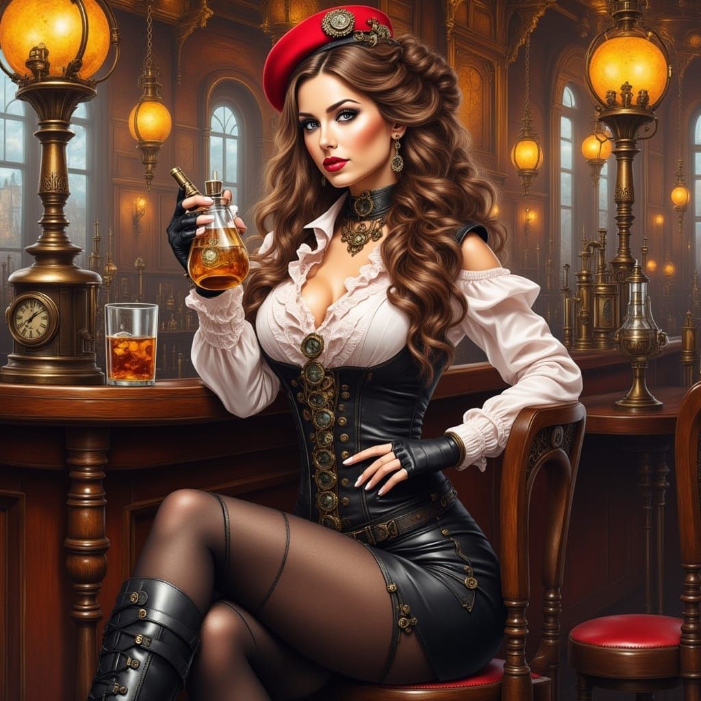 Steampunk Beauty at Bar in Loose Brushstroke Watercolor