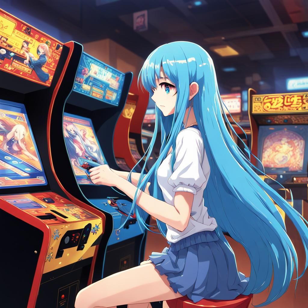Anime Girl at Arcade in Manga Style