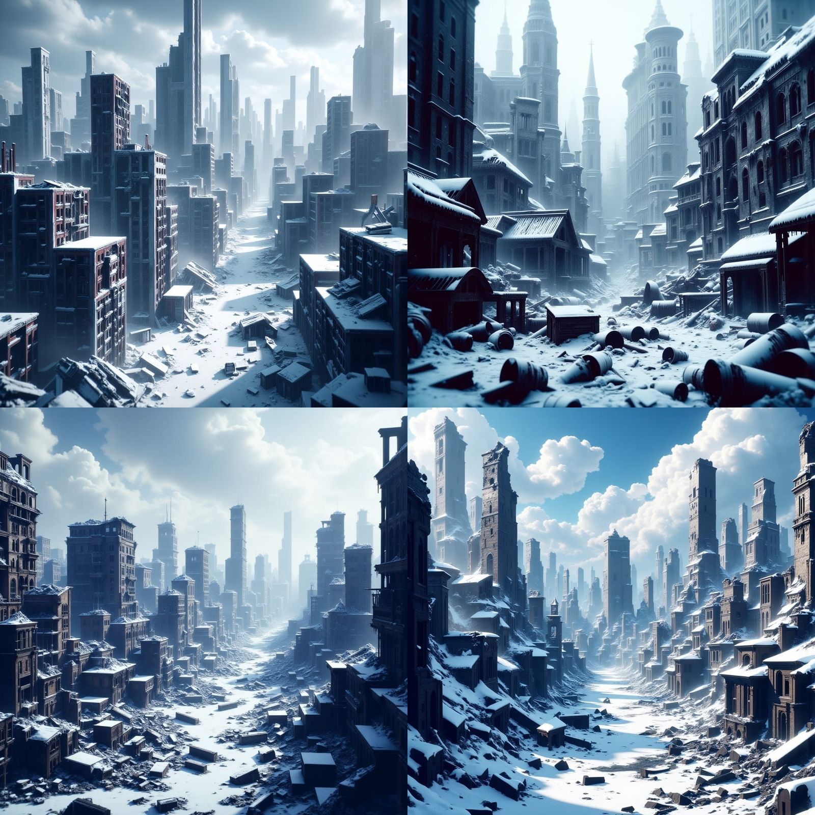 Cyberpunk Cityscape Shattered by Snowy Blizzard