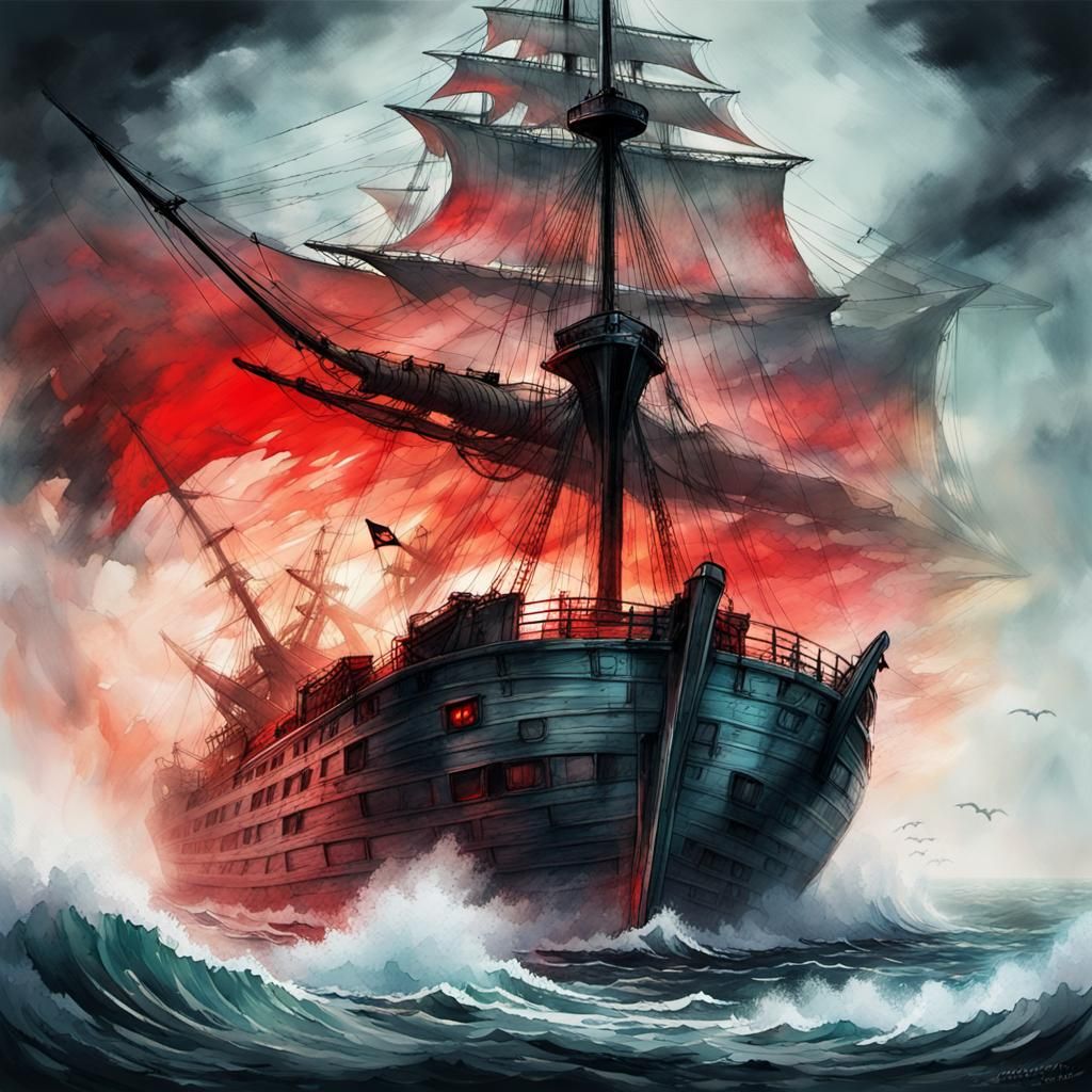 Ghost Ship vs Monster in Comic Book Style