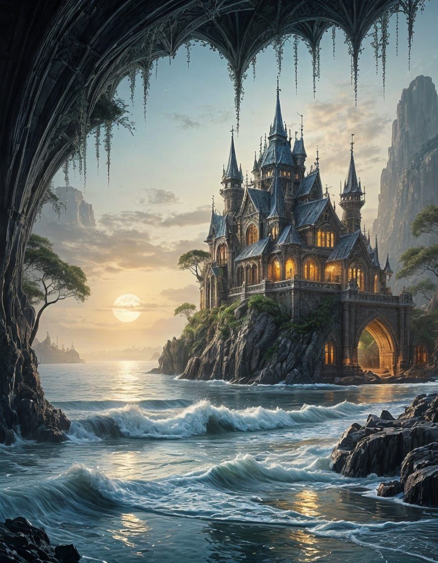 Elven City by Moonlight, Intricate Watercolour Art