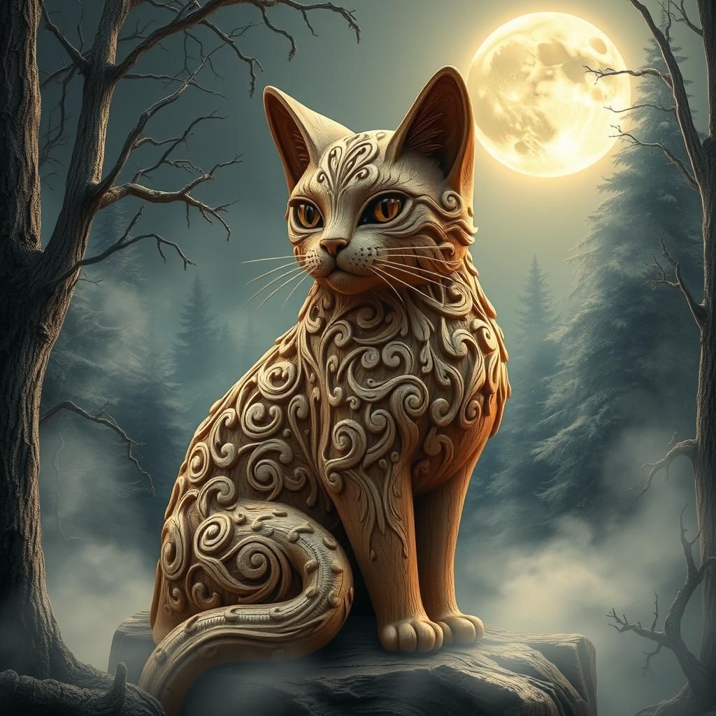 Wood-Carved Fantasy Cat in Moonlit Forest Clearing